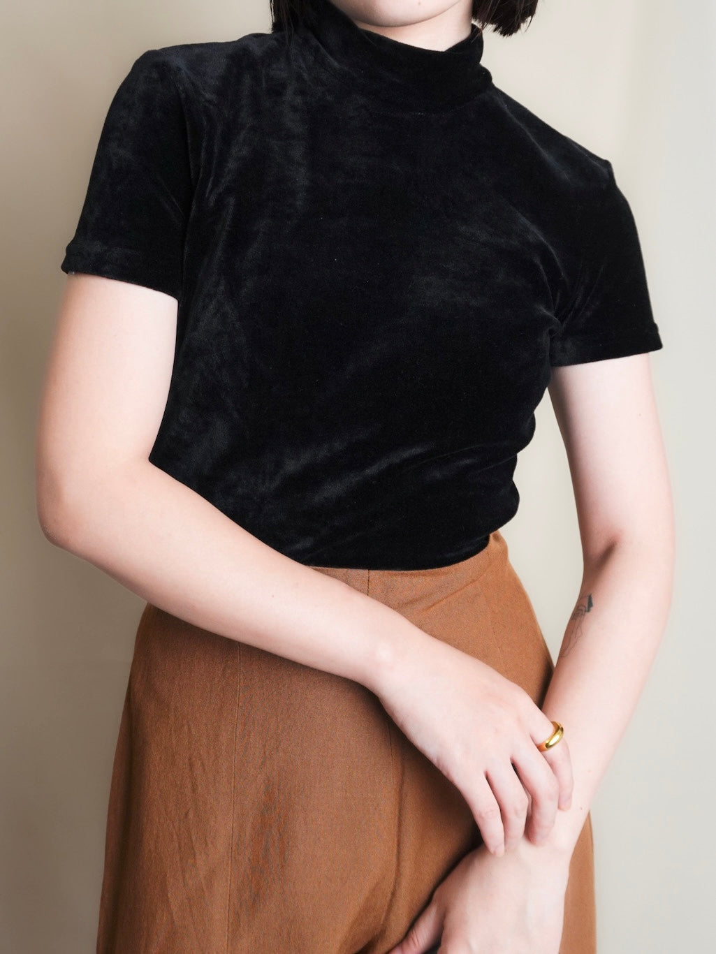 90s "GAP" Half sleeve Velours Tops - Black