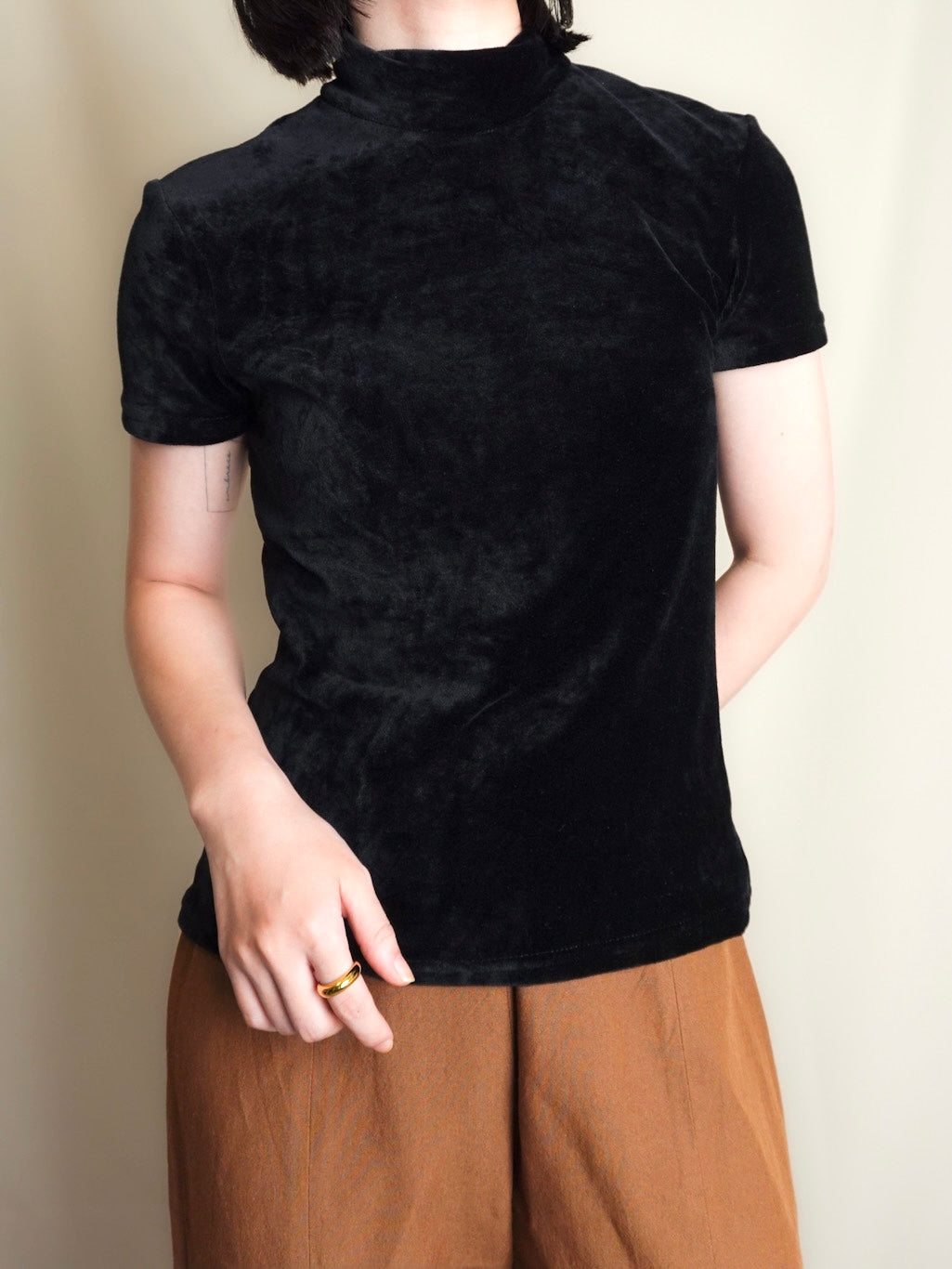 90s "GAP" Half sleeve Velours Tops - Black
