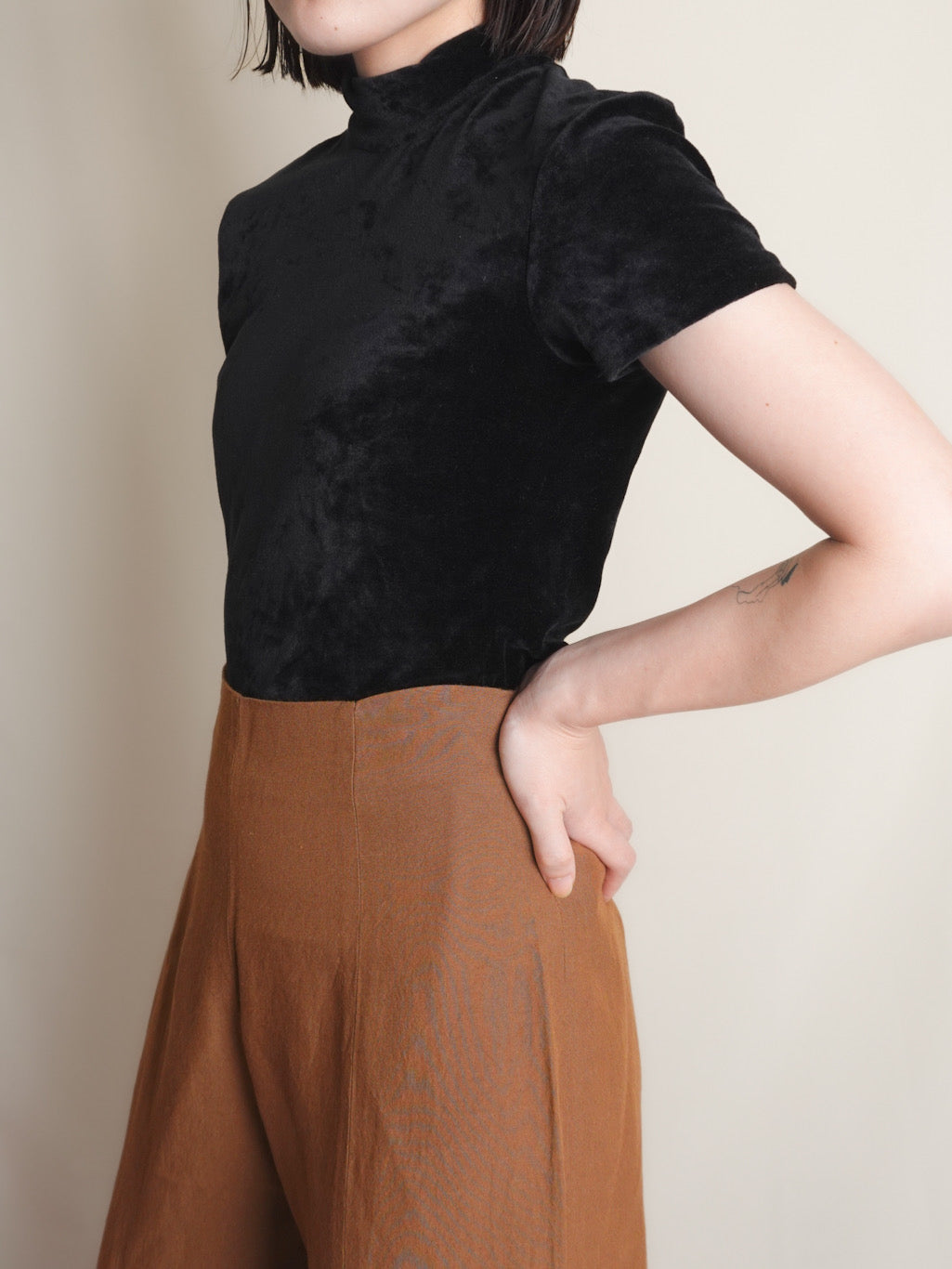 90s "GAP" Half sleeve Velours Tops - Black