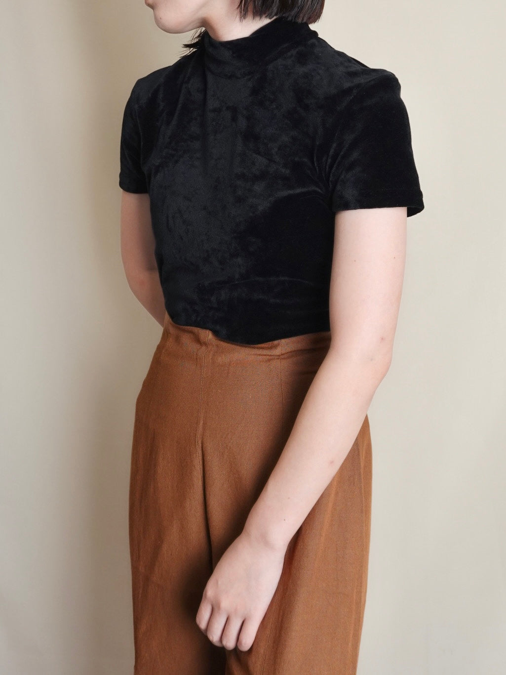 90s "GAP" Half sleeve Velours Tops - Black