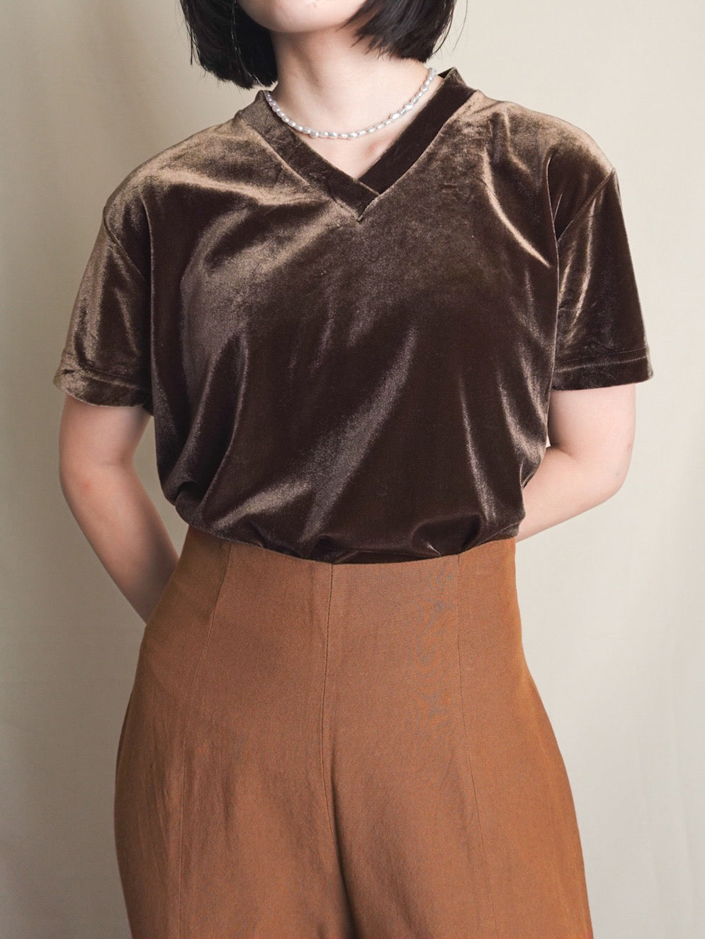Half sleeve Velours Tops - Brown