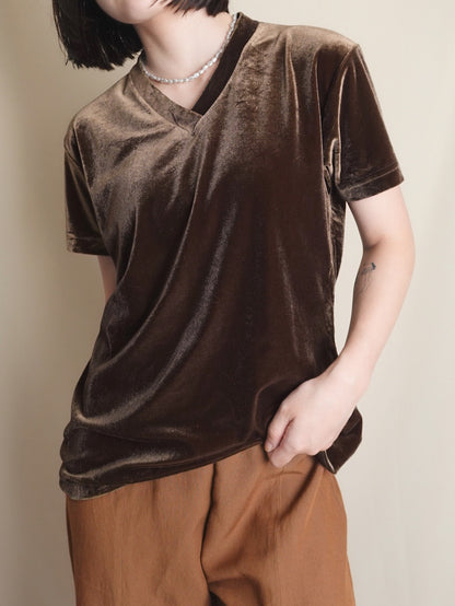 Half sleeve Velours Tops - Brown
