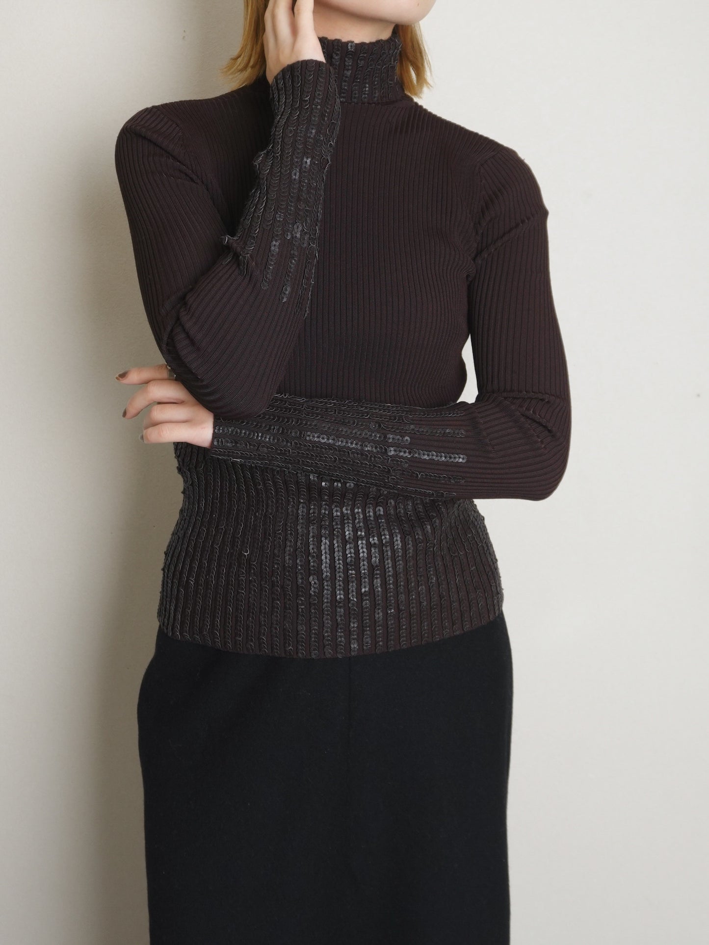 Sequins Highneck Rib Knit