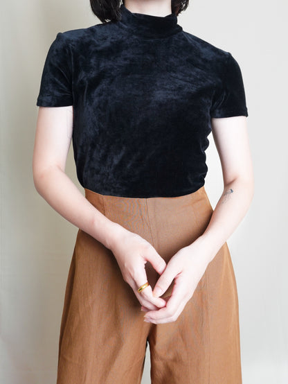 90s "GAP" Half sleeve Velours Tops - Black
