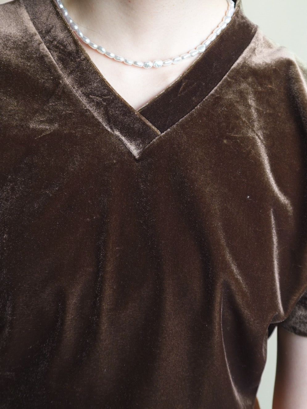 Half sleeve Velours Tops - Brown