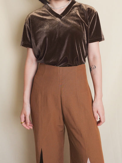 Half sleeve Velours Tops - Brown